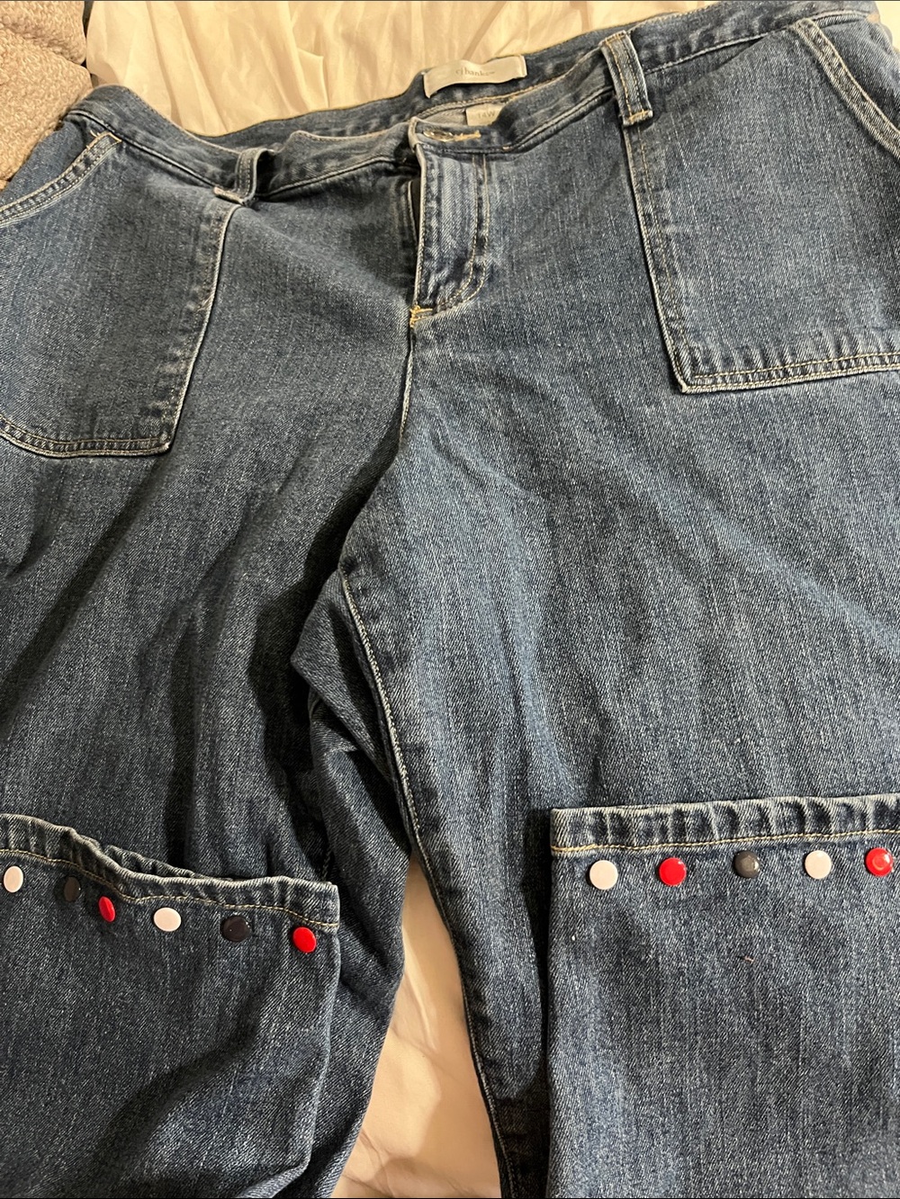 CJ Banks Blue Denim Jeans with Red, Black & White Studs